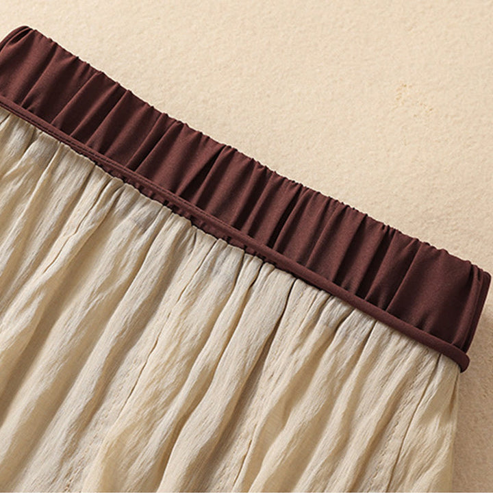 Buddha Stonesカジュアル コントラストカラー プリーツ レースアップデザイン レディース コットンリネン 7-8丈スカート - image 4