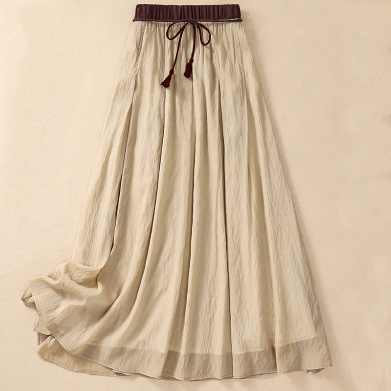 Buddha Stonesカジュアル コントラストカラー プリーツ レースアップデザイン レディース コットンリネン 7-8丈スカート - ペールゴールデンロッド - US8-10，UK/AU12-14，EU40-42 (2XL) - image 0