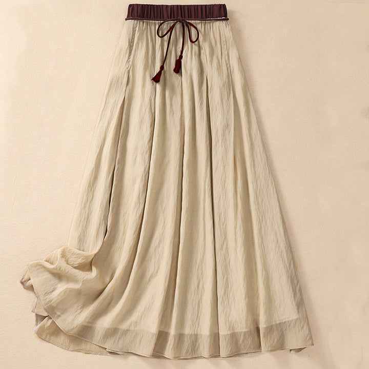 Buddha Stonesカジュアル コントラストカラー プリーツ レースアップデザイン レディース コットンリネン 7-8丈スカート - ペールゴールデンロッド - US8-10，UK/AU12-14，EU40-42 (2XL) - image 0