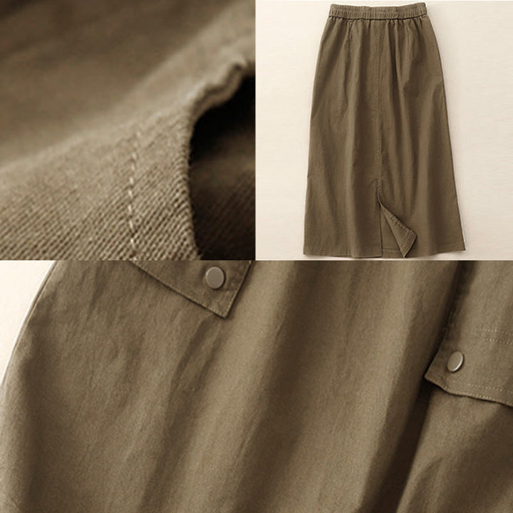 Buddha Stonesヴィンテージ プレーン ドローストリング ボタンデザイン スライド スリット レディース コットン リネン 7-8丈 スカート ポケット付き - image 4