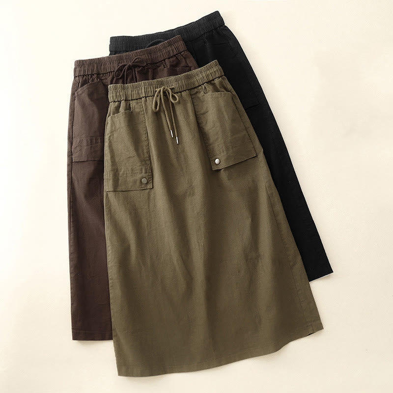 Buddha Stonesヴィンテージ プレーン ドローストリング ボタンデザイン スライド スリット レディース コットン リネン 7-8丈 スカート ポケット付き - image 15