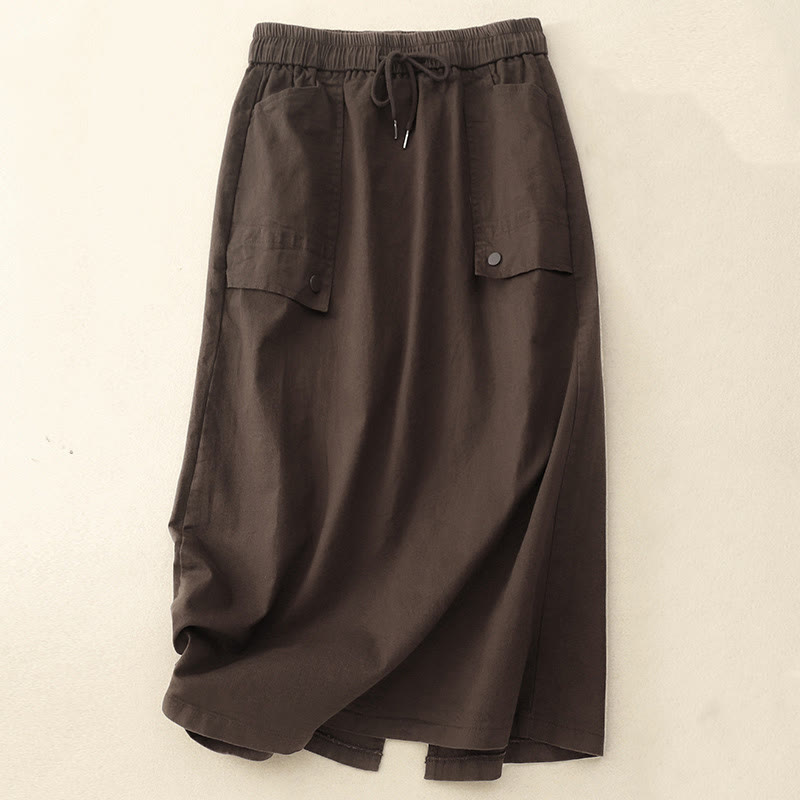 Buddha Stonesヴィンテージ プレーン ドローストリング ボタンデザイン スライド スリット レディース コットン リネン 7-8丈 スカート ポケット付き - サドルブラウン - US8-10，UK/AU12-14，EU40-42 (2XL) - image 11