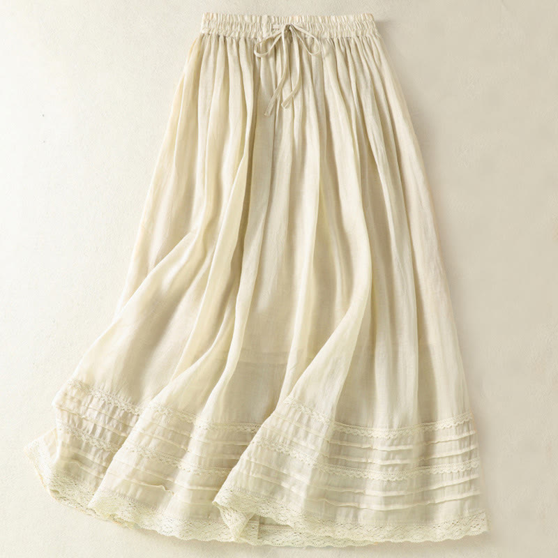 Buddha Stones夏 無地 ドローストリング レース パッチワークデザイン レディース コットンリネン 7-8丈スカート - ベージュ - US8-10，UK/AU12-14，EU40-42 (2XL) - image 27