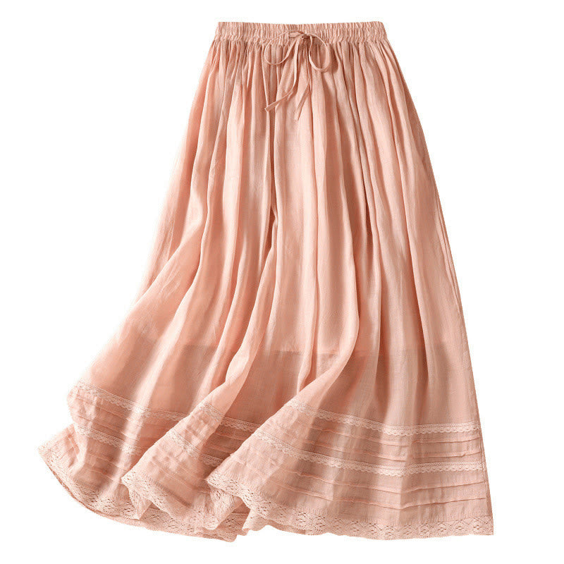 Buddha Stones夏 無地 ドローストリング レース パッチワークデザイン レディース コットンリネン 7-8丈スカート - image 9