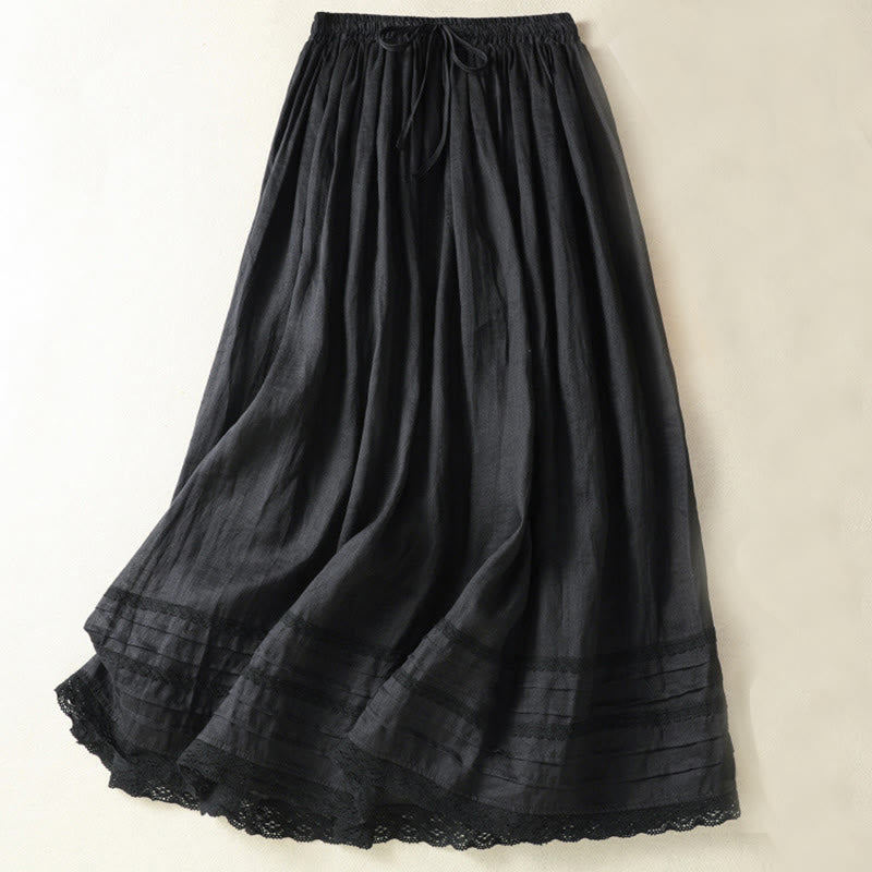 Buddha Stones夏 無地 ドローストリング レース パッチワークデザイン レディース コットンリネン 7-8丈スカート - 黒 - US8-10，UK/AU12-14，EU40-42 (2XL) - image 19