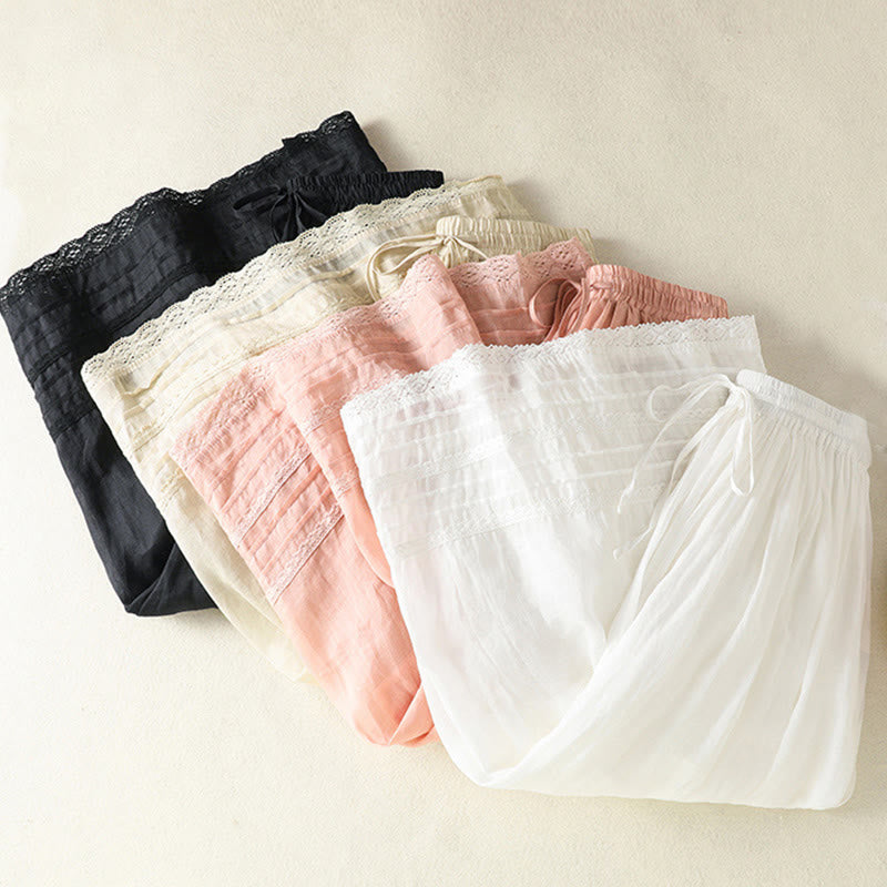 Buddha Stones夏 無地 ドローストリング レース パッチワークデザイン レディース コットンリネン 7-8丈スカート - image 36