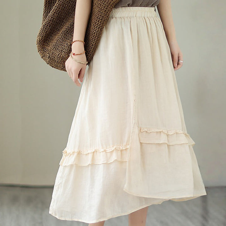 Buddha Stonesヴィンテージアーティスティックピュアカラーフリルデザイン不規則なレディースコットンリネンスカート - image 2