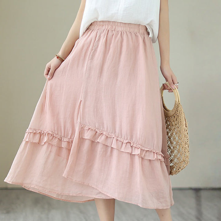 Buddha Stonesヴィンテージアーティスティックピュアカラーフリルデザイン不規則なレディースコットンリネンスカート - image 7