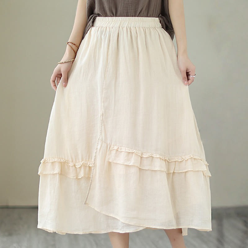 Buddha Stonesヴィンテージアーティスティックピュアカラーフリルデザイン不規則なレディースコットンリネンスカート - image 1