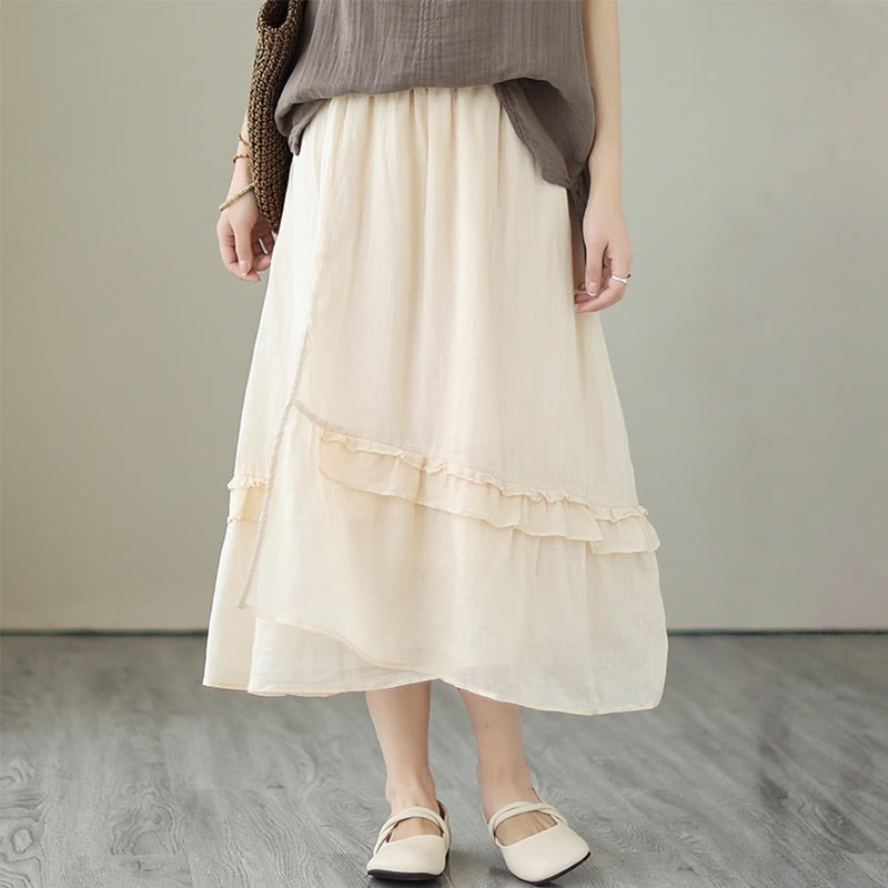 Buddha Stonesヴィンテージアーティスティックピュアカラーフリルデザイン不規則なレディースコットンリネンスカート - image 5