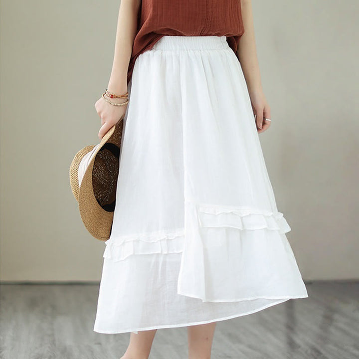 Buddha Stonesヴィンテージアーティスティックピュアカラーフリルデザイン不規則なレディースコットンリネンスカート - image 26