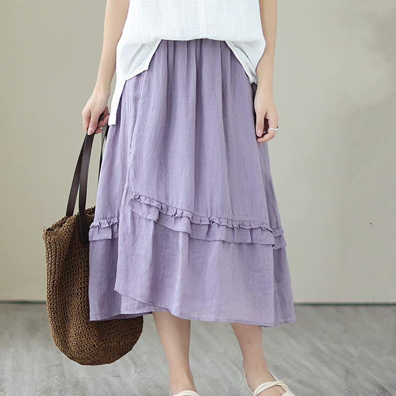 Buddha Stonesヴィンテージアーティスティックピュアカラーフリルデザイン不規則なレディースコットンリネンスカート - image 11