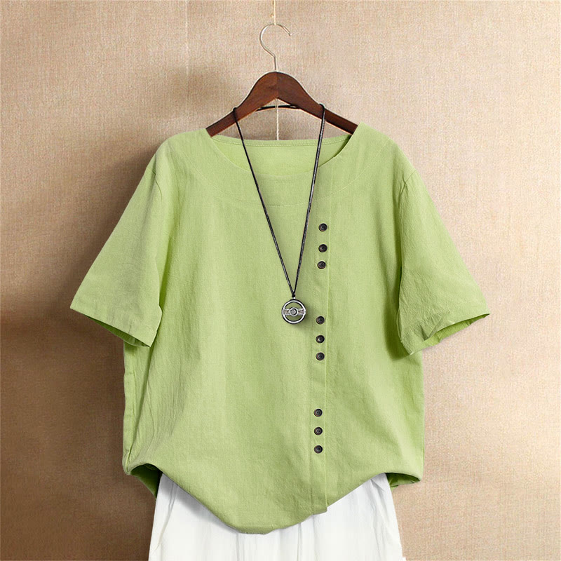 Buddha Stonesカジュアル サマー 無地 ジャカード ボタン クルーネック レディース 半袖Tシャツ - ライトグリーン - US18、 UK/AU22、 EU50 (5XL) - image 20