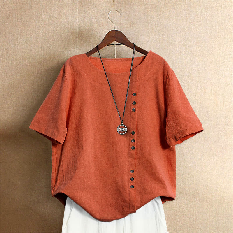 Buddha Stonesカジュアル サマー 無地 ジャカード ボタン クルーネック レディース 半袖Tシャツ - オレンジレッド - US18、 UK/AU22、 EU50 (5XL) - image 45