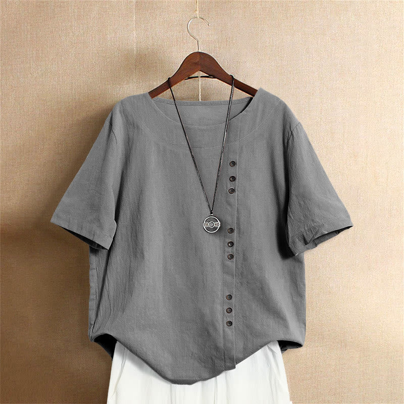Buddha Stonesカジュアル サマー 無地 ジャカード ボタン クルーネック レディース 半袖Tシャツ - グレー - US18、 UK/AU22、 EU50 (5XL) - image 55