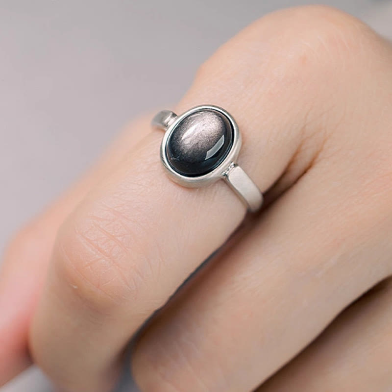 Buddha Stones天然 925 スターリングシルバー シルバーシーンオブシディアン 調節可能 プロテクションリング - image 1