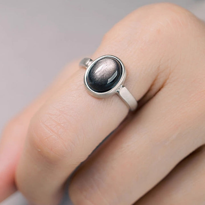 Buddha Stones天然 925 スターリングシルバー シルバーシーンオブシディアン 調節可能 プロテクションリング - image 1
