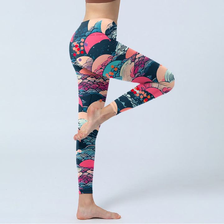 Buddha Stonesとカラフルな海の波柄プリントのジムレギンス レディース ヨガパンツ - image 3