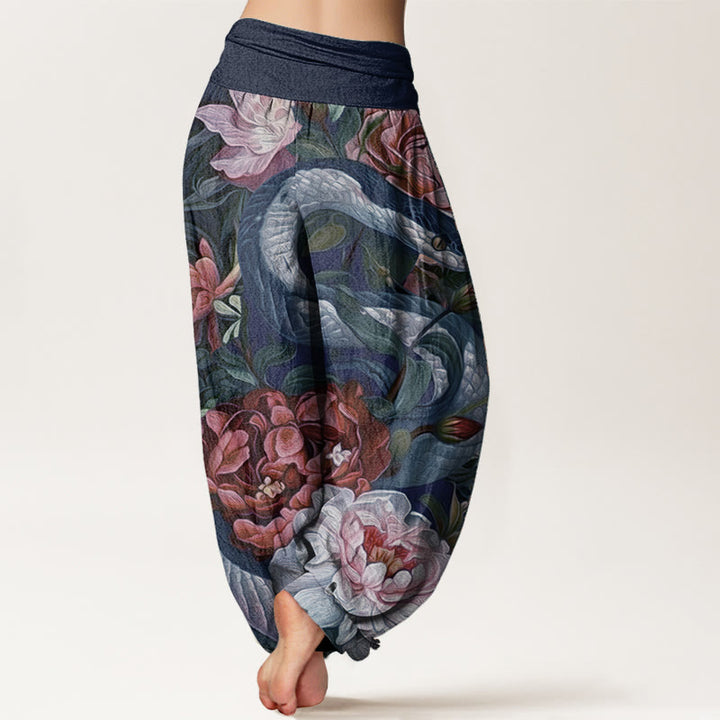 Buddha Stones純綿 蛇 牡丹 花 葉柄 レディース 伸縮性ウエスト ハーレムパンツ