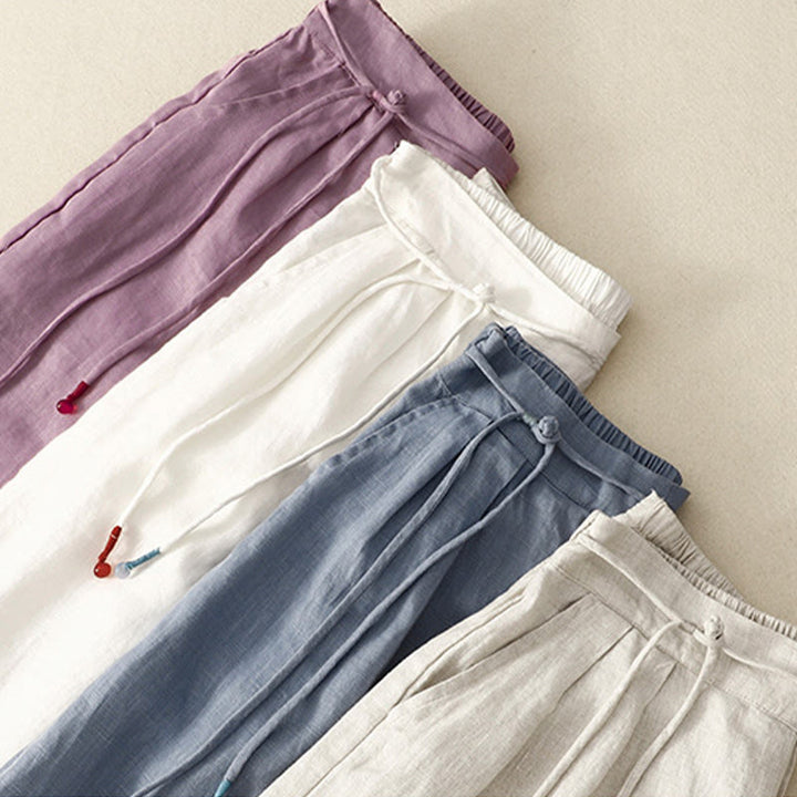 Buddha Stones春 カジュアル 無地 ドローストリングデザイン レディース コットンリネン 7-8丈 ワイドレッグパンツ ポケット付き
