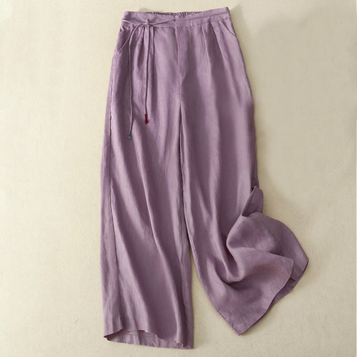 Buddha Stones春 カジュアル 無地 ドローストリングデザイン レディース コットンリネン 7-8丈 ワイドレッグパンツ ポケット付き