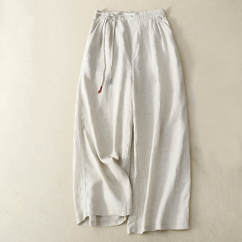 Buddha Stones春 カジュアル 無地 ドローストリングデザイン レディース コットンリネン 7-8丈 ワイドレッグパンツ ポケット付き