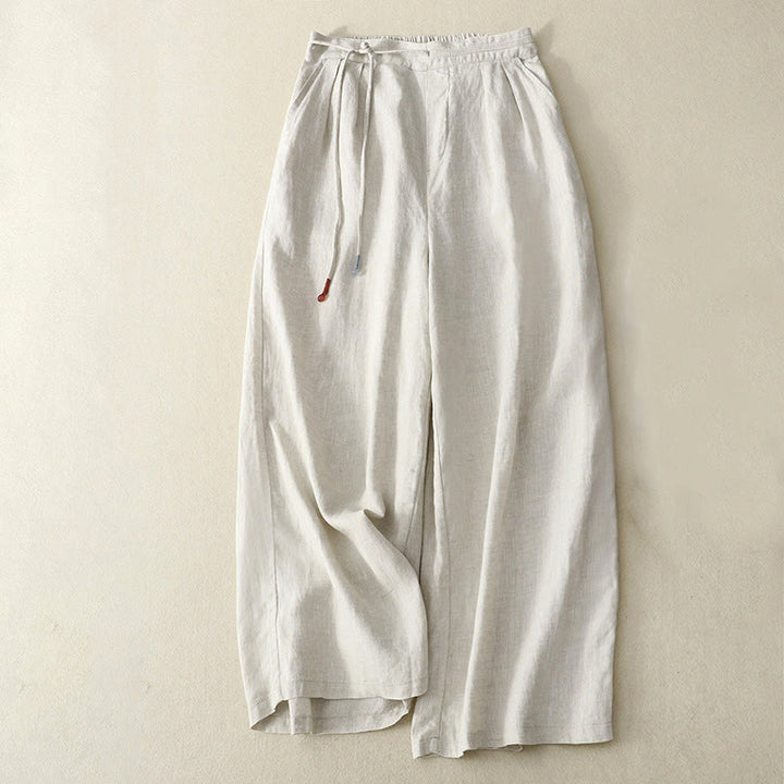 Buddha Stones春 カジュアル 無地 ドローストリングデザイン レディース コットンリネン 7-8丈 ワイドレッグパンツ ポケット付き