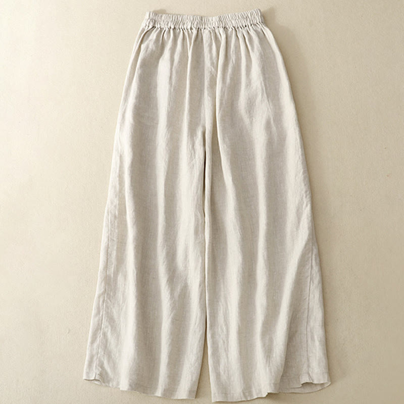 Buddha Stones春 カジュアル 無地 ドローストリングデザイン レディース コットンリネン 7-8丈 ワイドレッグパンツ ポケット付き