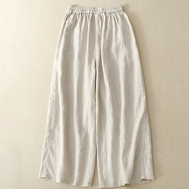 Buddha Stones春 カジュアル 無地 ドローストリングデザイン レディース コットンリネン 7-8丈 ワイドレッグパンツ ポケット付き