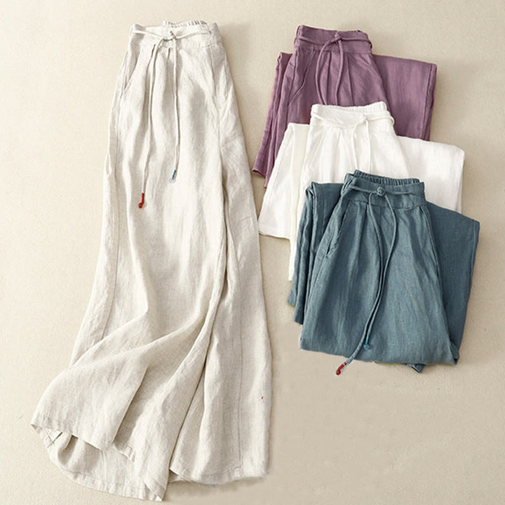 Buddha Stones春 カジュアル 無地 ドローストリングデザイン レディース コットンリネン 7-8丈 ワイドレッグパンツ ポケット付き