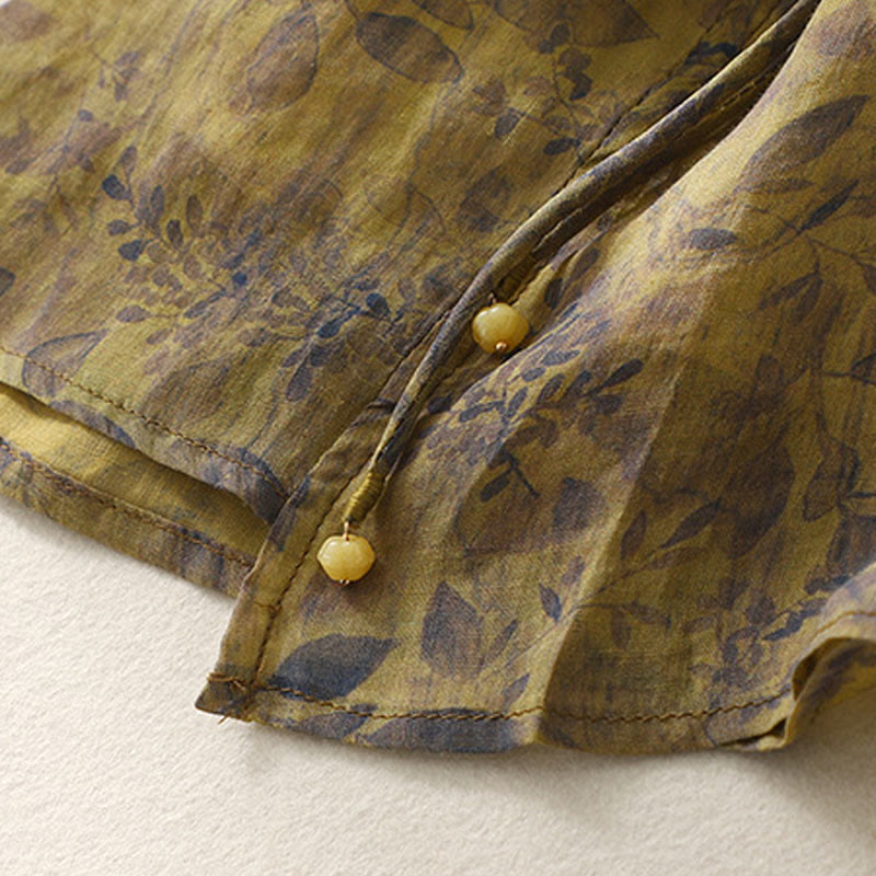 Buddha Stones刺繍デザイン 葉柄 レディース コットンリネン 七分袖シャツ - image 17
