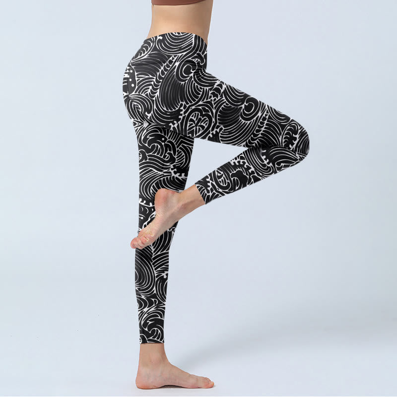 Buddha Stonesホワイトライン ウェーブ柄プリント ジムレギンス レディース ヨガパンツ - image 4