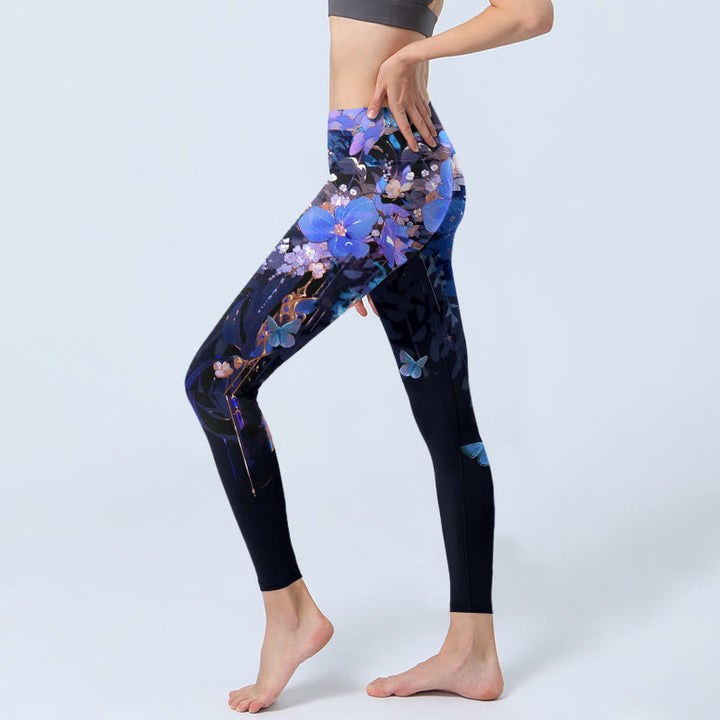 Buddha Stones紫色の花と蝶の模様プリント ジムレギンス レディース ヨガパンツ - image 2