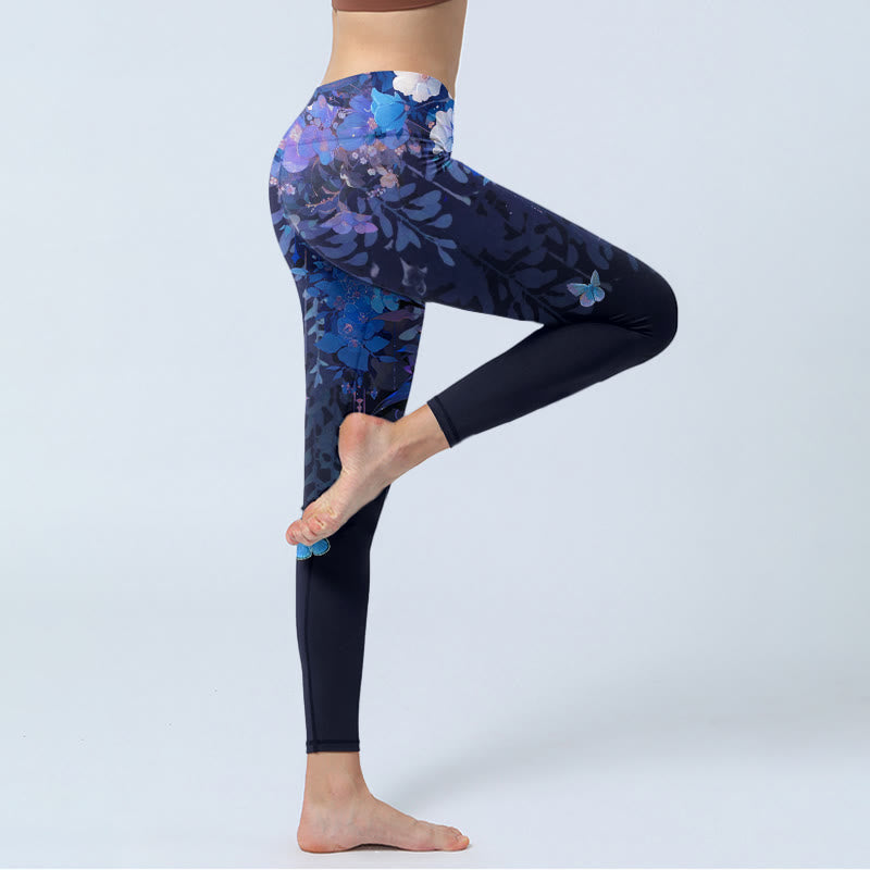 Buddha Stones紫色の花と蝶の模様プリント ジムレギンス レディース ヨガパンツ - image 4