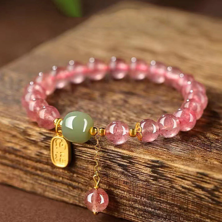 Buddha Stones天然ストロベリークォーツ 福字翡翠 ポジティブヒーリングブレスレット