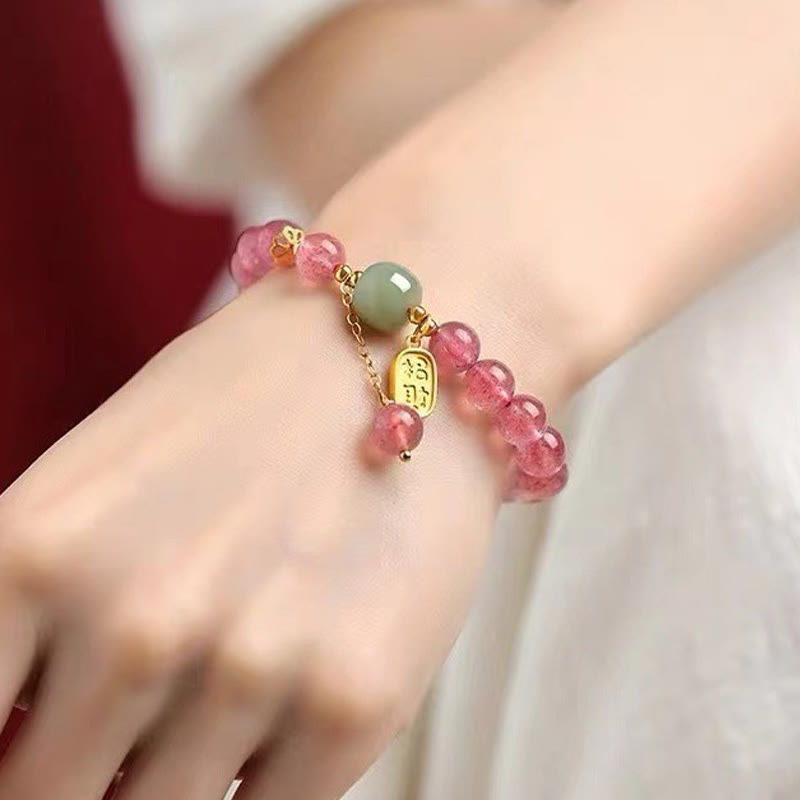 Buddha Stones天然ストロベリークォーツ 福字翡翠 ポジティブヒーリングブレスレット