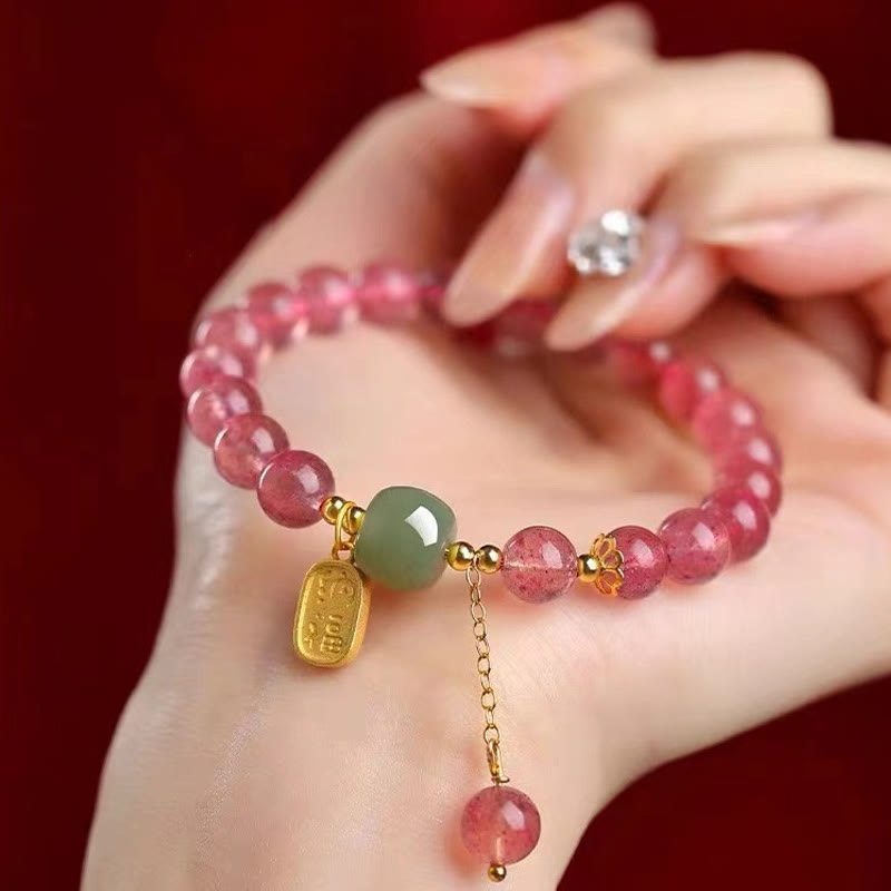 Buddha Stones天然ストロベリークォーツ 福字翡翠 ポジティブヒーリングブレスレット