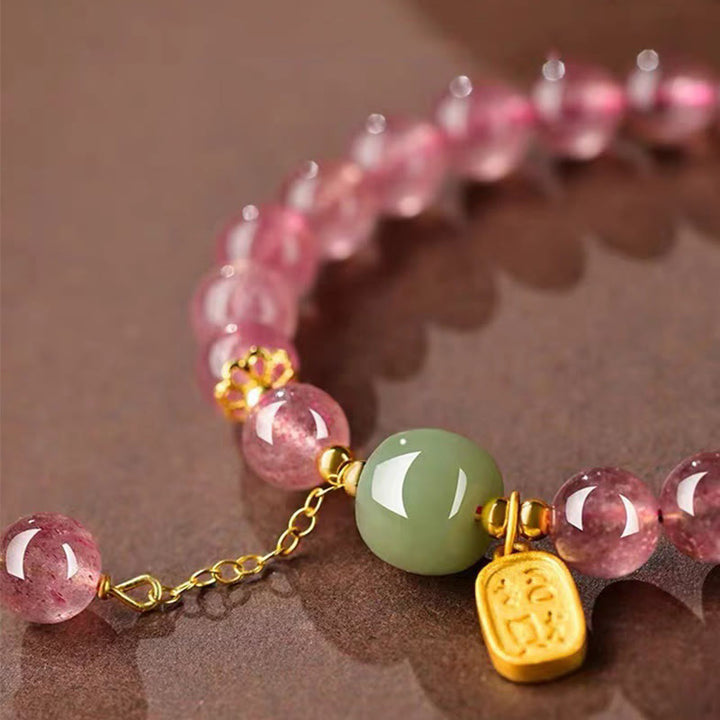 Buddha Stones天然ストロベリークォーツ 福字翡翠 ポジティブヒーリングブレスレット