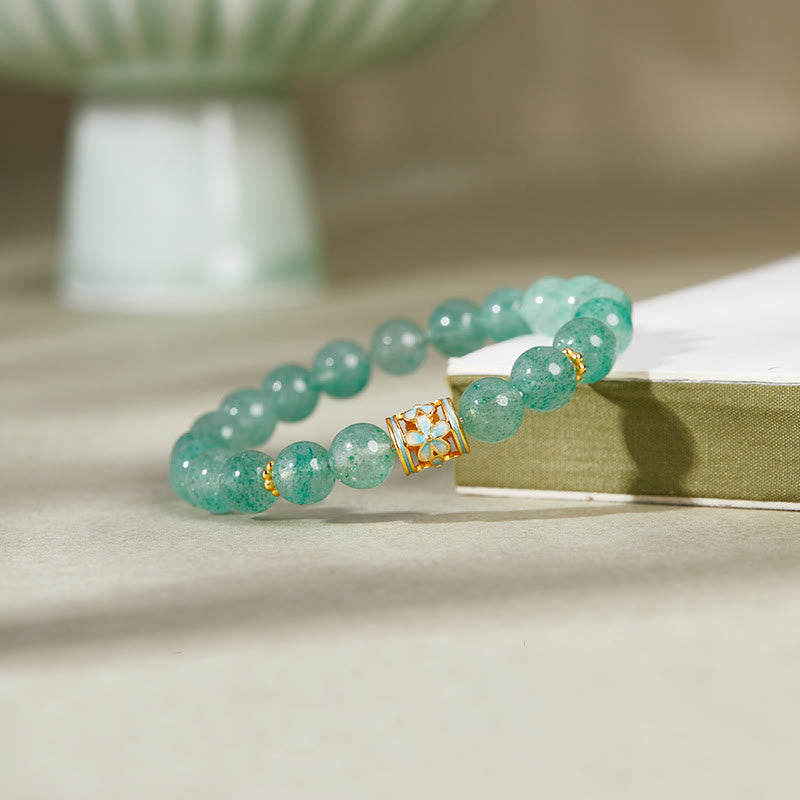 Buddha Stones925スターリングシルバー グリーンストロベリークォーツ フラワーカームブレスレット - image 1