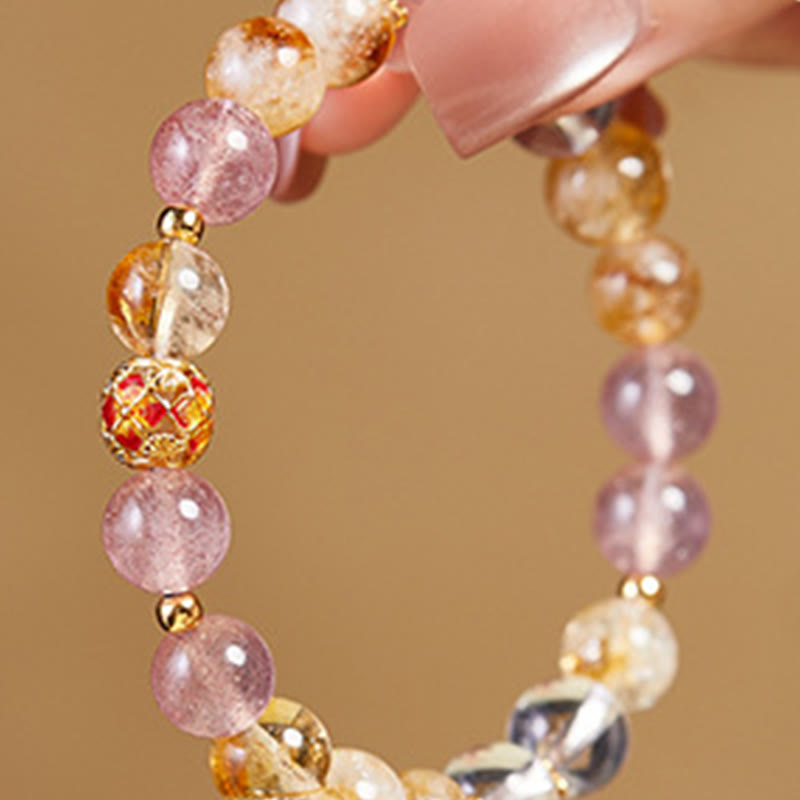 Buddha Stones 999スターリングシルバー シトリン ストロベリークォーツ ホワイトクリスタル プロテクションブレスレット