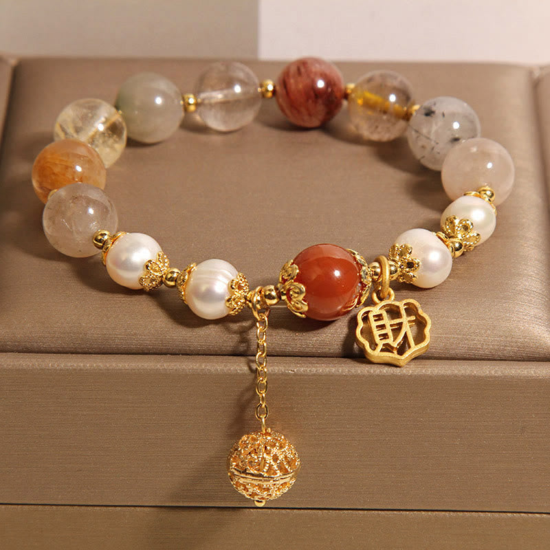 Buddha Stones天然ルチルクォーツパール幸運富を引き寄せるブレスレット