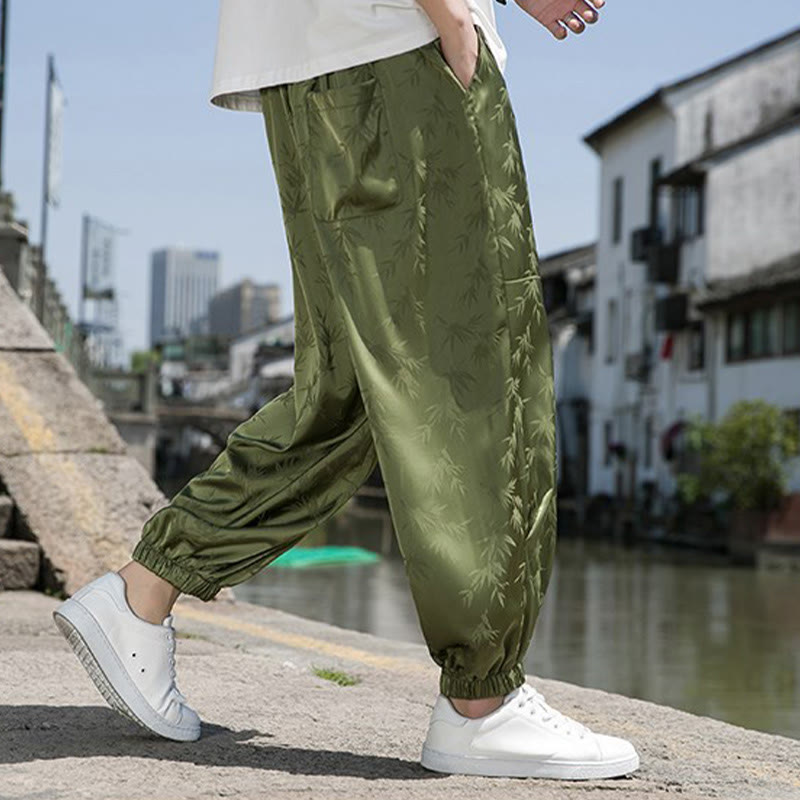 Buddha Stones夏 アイスシルク ジャカード 竹柄 メンズ ドローストリング コットンパンツ ポケット付き