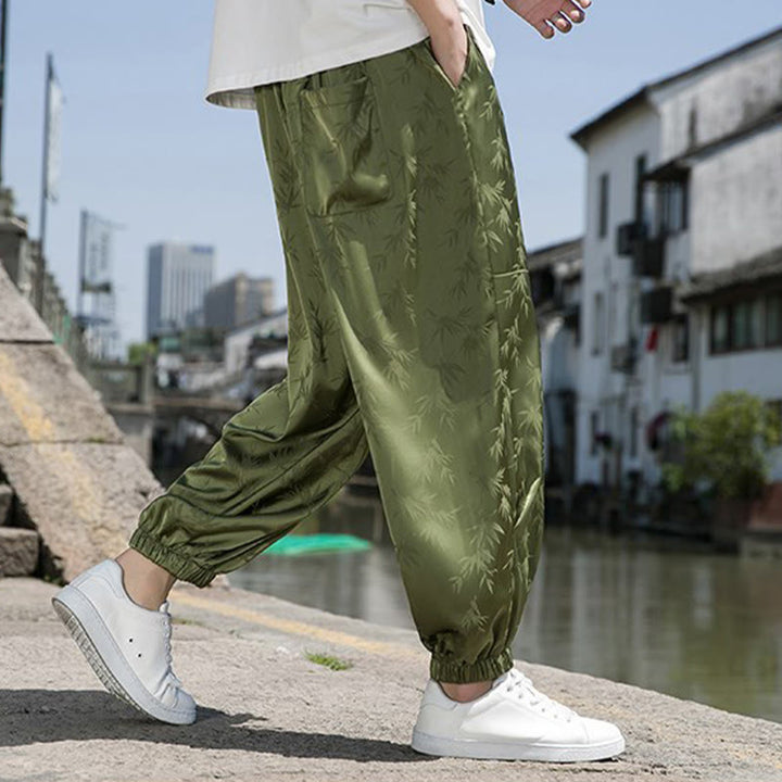 Buddha Stones夏 アイスシルク ジャカード 竹柄 メンズ ドローストリング コットンパンツ ポケット付き