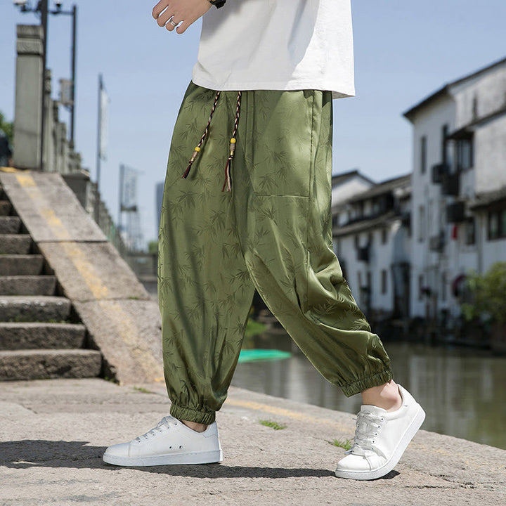 Buddha Stones夏 アイスシルク ジャカード 竹柄 メンズ ドローストリング コットンパンツ ポケット付き