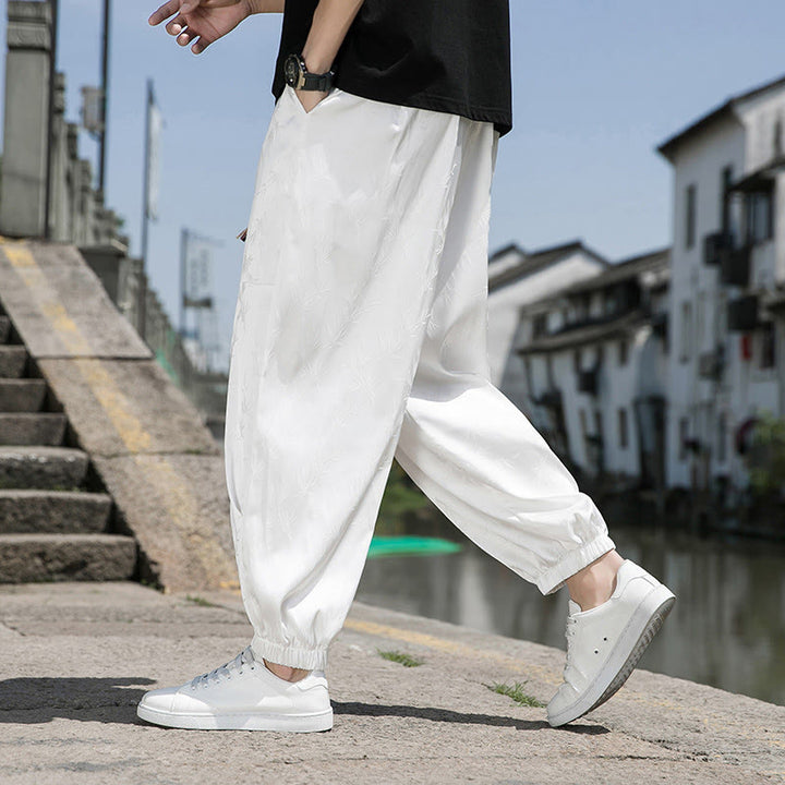 Buddha Stones夏 アイスシルク ジャカード 竹柄 メンズ ドローストリング コットンパンツ ポケット付き