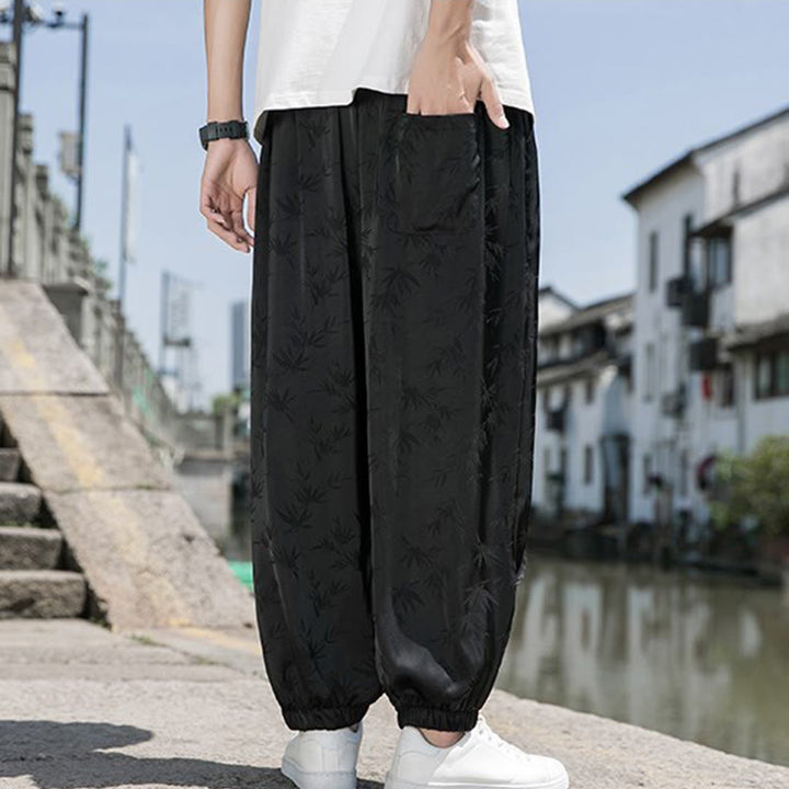 Buddha Stones夏 アイスシルク ジャカード 竹柄 メンズ ドローストリング コットンパンツ ポケット付き