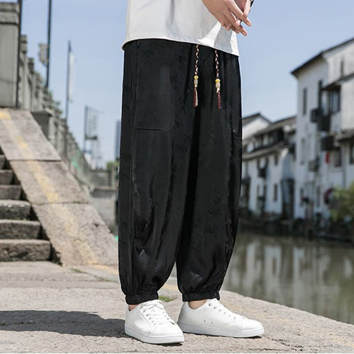 Buddha Stones夏 アイスシルク ジャカード 竹柄 メンズ ドローストリング コットンパンツ ポケット付き