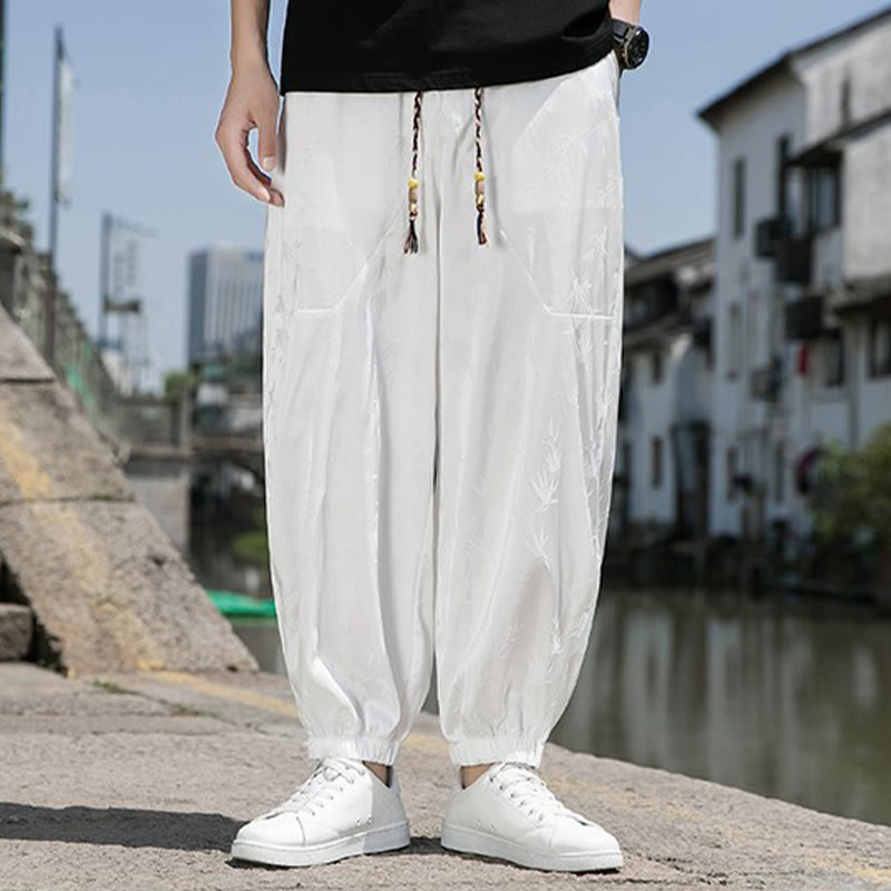 Buddha Stones夏 アイスシルク ジャカード 竹柄 メンズ ドローストリング コットンパンツ ポケット付き