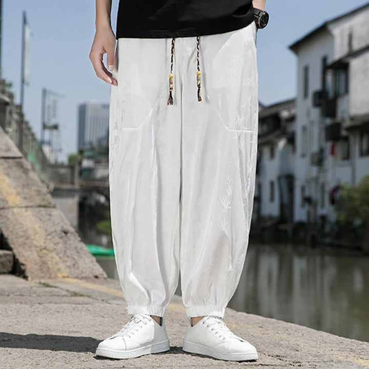 Buddha Stones夏 アイスシルク ジャカード 竹柄 メンズ ドローストリング コットンパンツ ポケット付き