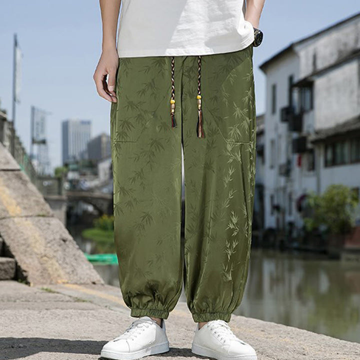 Buddha Stones夏 アイスシルク ジャカード 竹柄 メンズ ドローストリング コットンパンツ ポケット付き